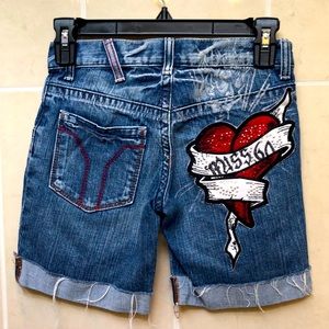 Miss Sixty Girls Italian Rhinestone Studded Heart Pocket Distressed Denim Shorts